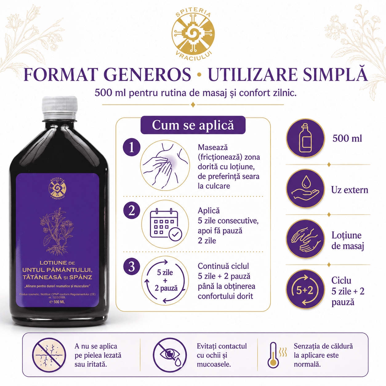 Leac Bătrânesc pentru Articulații și Piele – Loțiune Untul Pământului, Tătăneasă și Spânz | 500ml